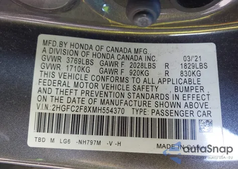 2021 Honda Civic Sport from USA, damaged, VIN 2HGFC2F8XMH554370